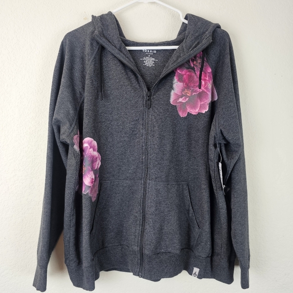 Torrid Active Full Zip Hoodie Gray Pink Floral Fleece Plus 2X - Picture 4 of 13